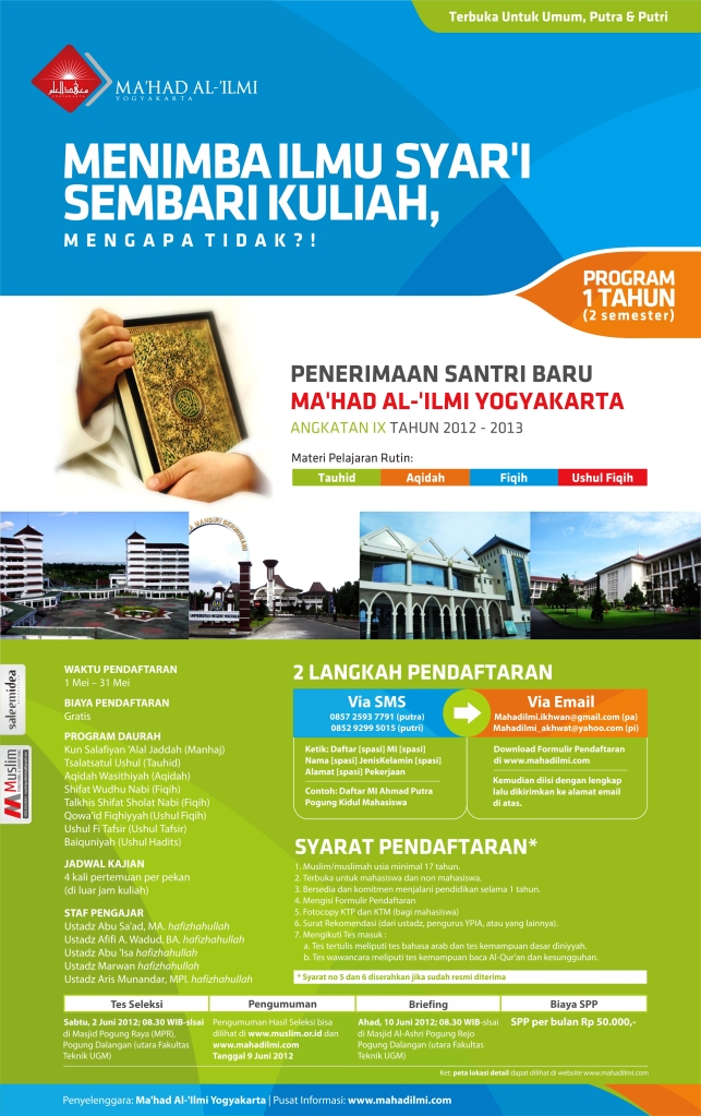 Penerimaan Santri Baru Ma’had Al ‘Ilmi Yogyakarta Angkatan IX Tahun 2012-2013